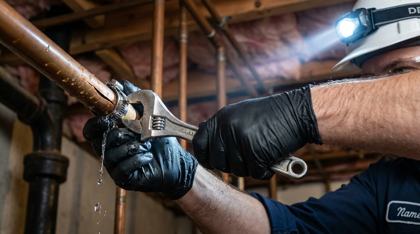 Emergency pipe clamp repair being performed by a Johns Plumbing LLC plumber in Champlain