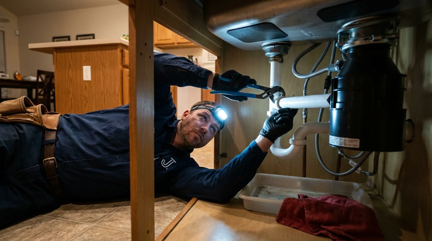 P-trap and supply line connections under a kitchen sink showing a common leak point in Champlain, NY